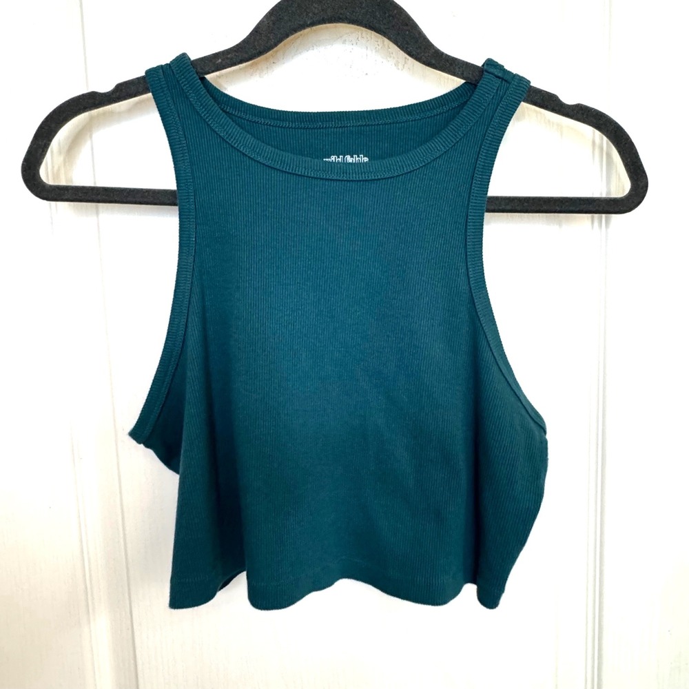 Wild Fable Tank Top Womens Large Teal Cotton Ribbed Crop High Neck Y2K Trendy
